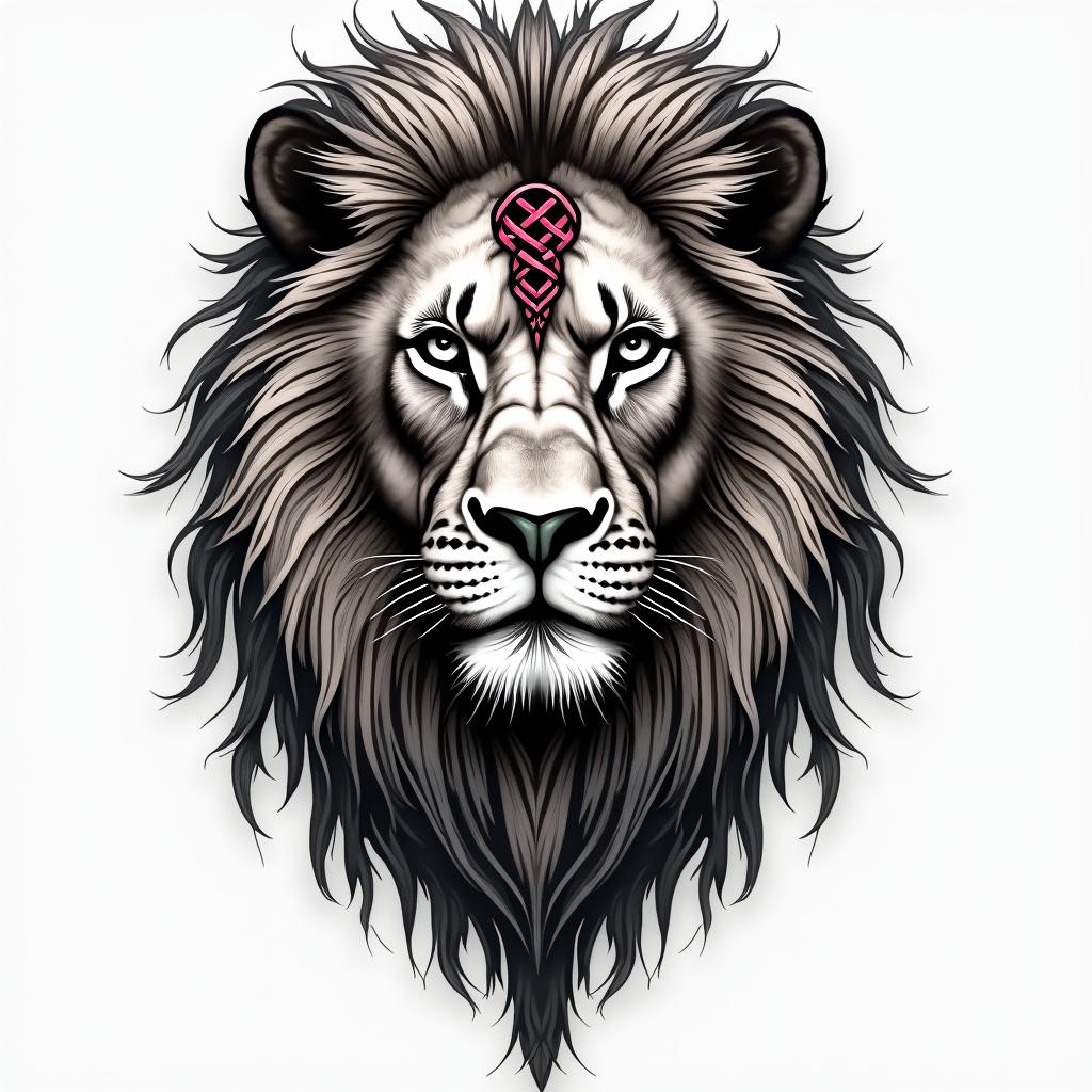 Lion, mystical, with a witch knot on its forehead, piercing gaze, in many colors.in bohemian style tattoo, 8k - Variation 2