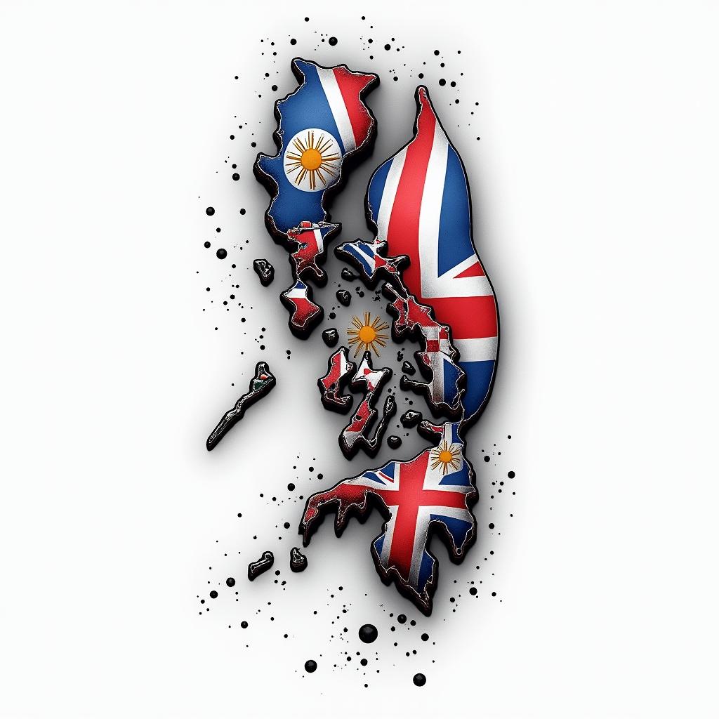 Filipino flag and great Britain flag combinationsin new school tattoo, pop culture, modern, detailed tattoo, illustrative - Variation 5