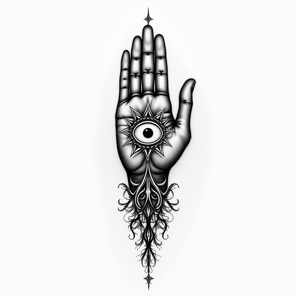 Piano fused with treein spiritual symbols tattoo style, featuring an intricate design incorporating elements, Hamsa hand, third eye, minimalist composition