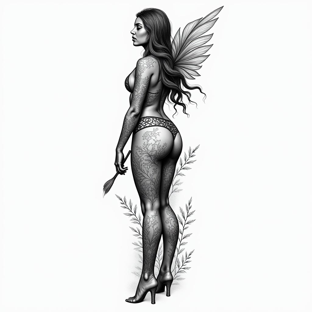 Floral side coxa with bottom wheels. Include the image of Maria Padilha with a fan. Thinner at the ends.higly detailed tattoo - Variation 7