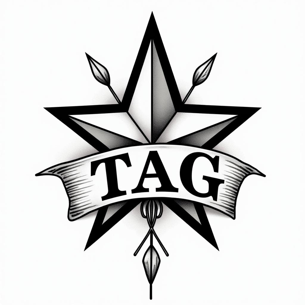 Star with a banner with the initials TAGin authentic tattoo style, incorporating traditional modifications, bold black outlines, solid color fills, featuring classic authentic elements - Variation 4