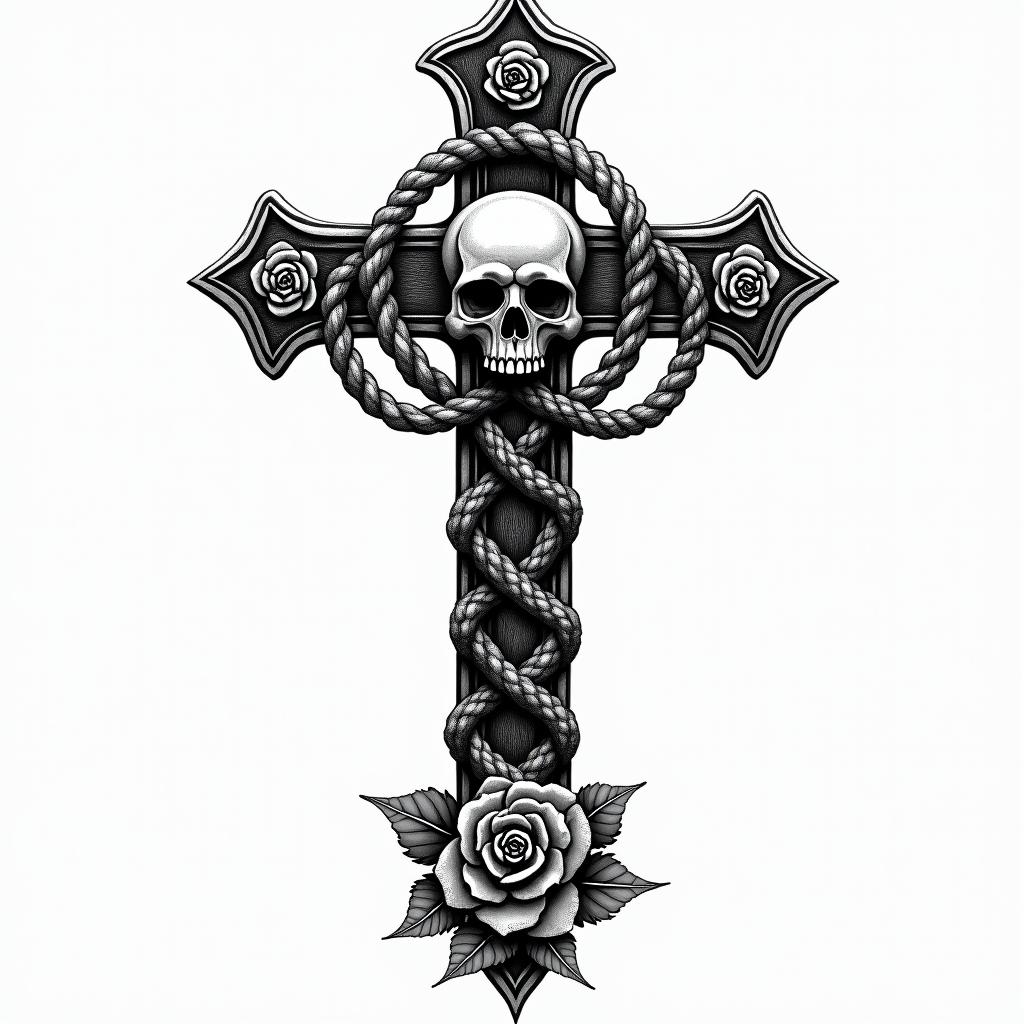 Celtic knotin chicano style tattoo, featuring intricate black and grey shading, bold elements of traditional chicano culture symbols, add a big cross with skull, chains and roses - Variation 2