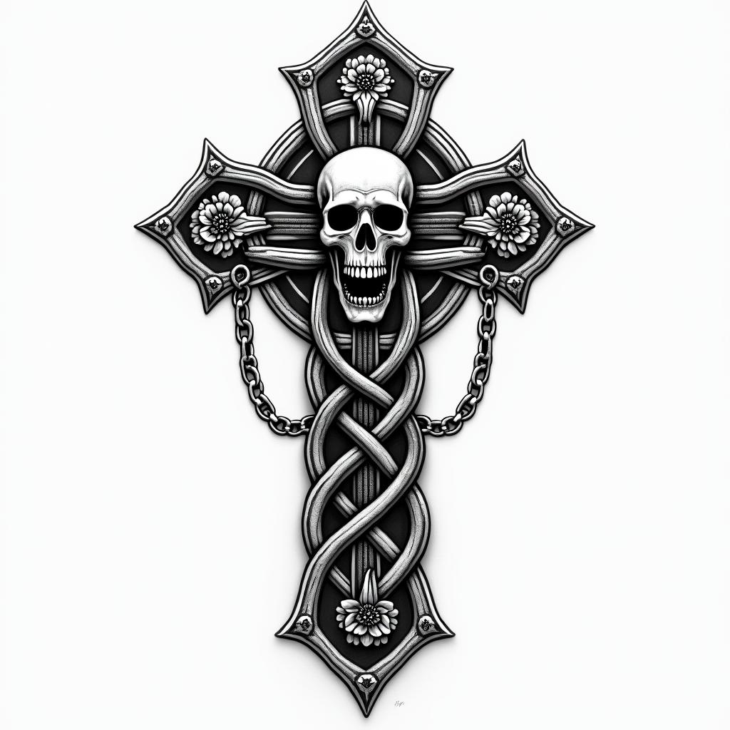 Celtic knotin chicano style tattoo, featuring intricate black and grey shading, bold elements of traditional chicano culture symbols, add a big cross with skull, chains and roses - Variation 4