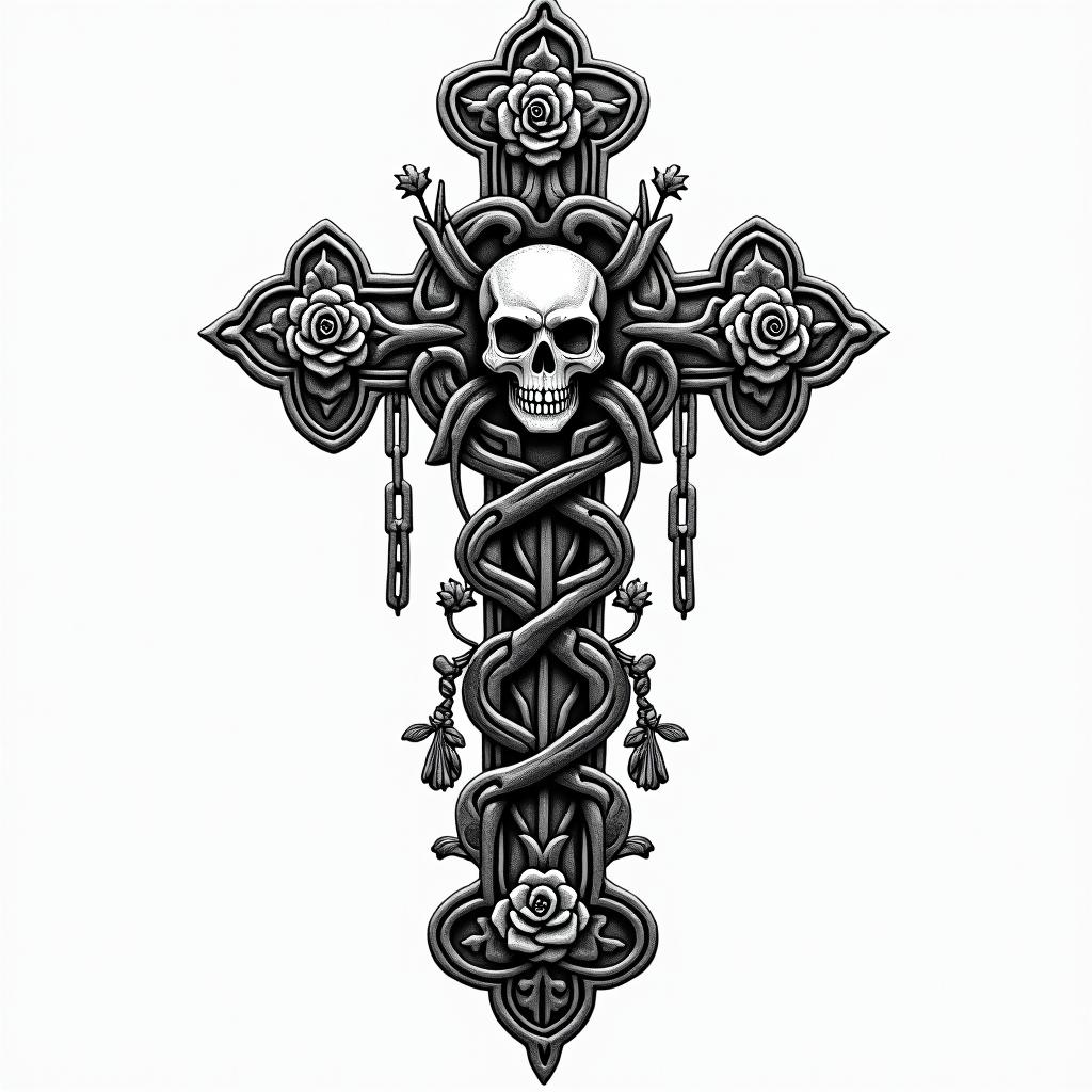Celtic knotin chicano style tattoo, featuring intricate black and grey shading, bold elements of traditional chicano culture symbols, add a big cross with skull, chains and roses - Variation 3