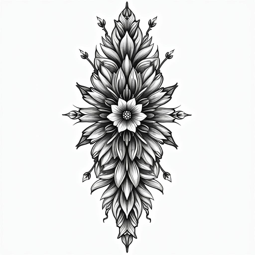 Weyner, strippedin ornamental tattoo style, featuring intricate symmetrical patterns and floral designs, showcasing highly detailed line work and geometric shapes, creating a sense of elegance and balance