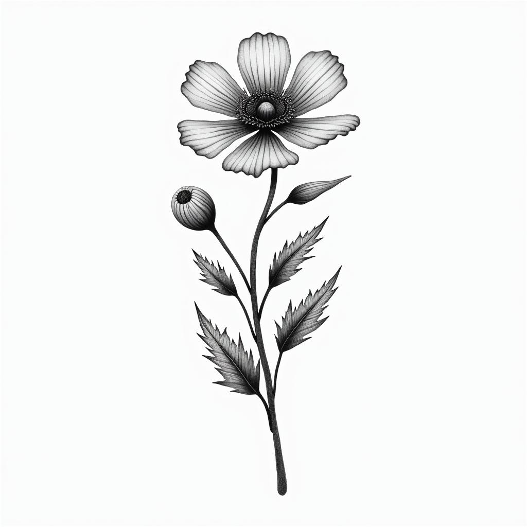 Poppy flower bouquetin Modest style tattoo, featuring soft, delicate line work with simple and meaningful symbols, gentle waves, a heart, evoking a sense of serenity and grace, - Variation 3