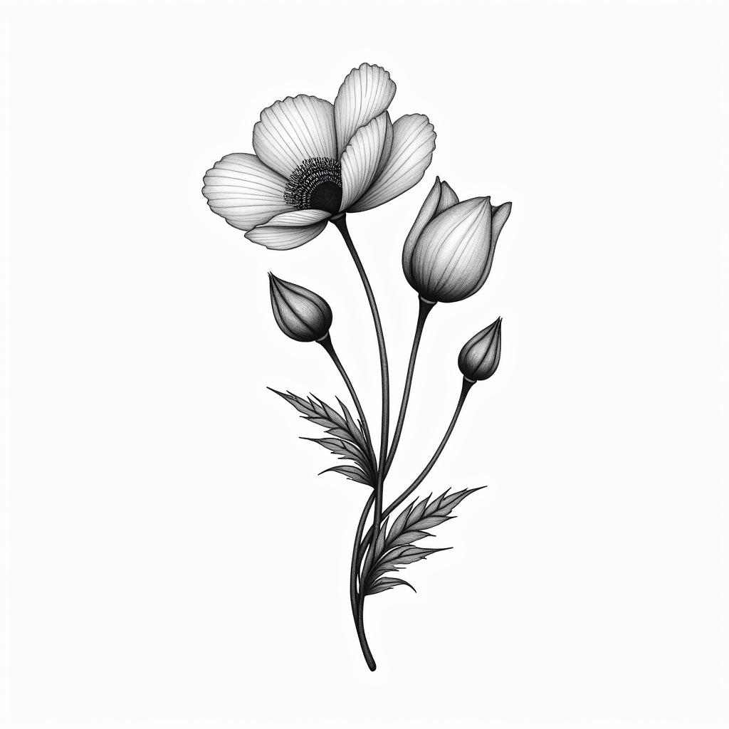 Poppy flower bouquetin Modest style tattoo, featuring soft, delicate line work with simple and meaningful symbols, gentle waves, a heart, evoking a sense of serenity and grace, - Variation 2