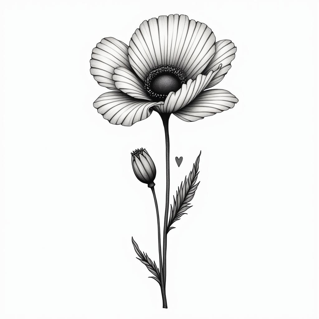 Poppy flower bouquetin Modest style tattoo, featuring soft, delicate line work with simple and meaningful symbols, gentle waves, a heart, evoking a sense of serenity and grace, - Variation 4