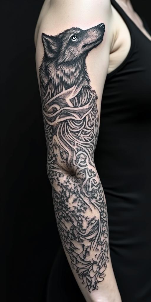 arm cover up, mix of wolf and phoenixin dotwork style tattoo, complex mandala patterns, interlocking geometric shapes with sharp symmetry, clean lines, sharp angles - Variation 4