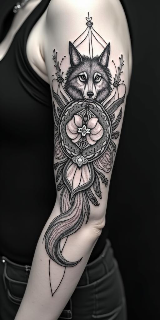 arm cover up, mix of wolf and phoenixin dotwork style tattoo, complex mandala patterns, interlocking geometric shapes with sharp symmetry, clean lines, sharp angles - Variation 3