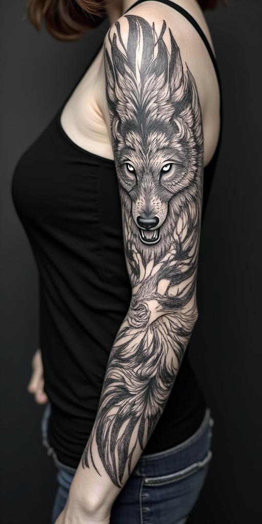 arm cover up, mix of wolf and phoenixin dotwork style tattoo, complex mandala patterns, interlocking geometric shapes with sharp symmetry, clean lines, sharp angles