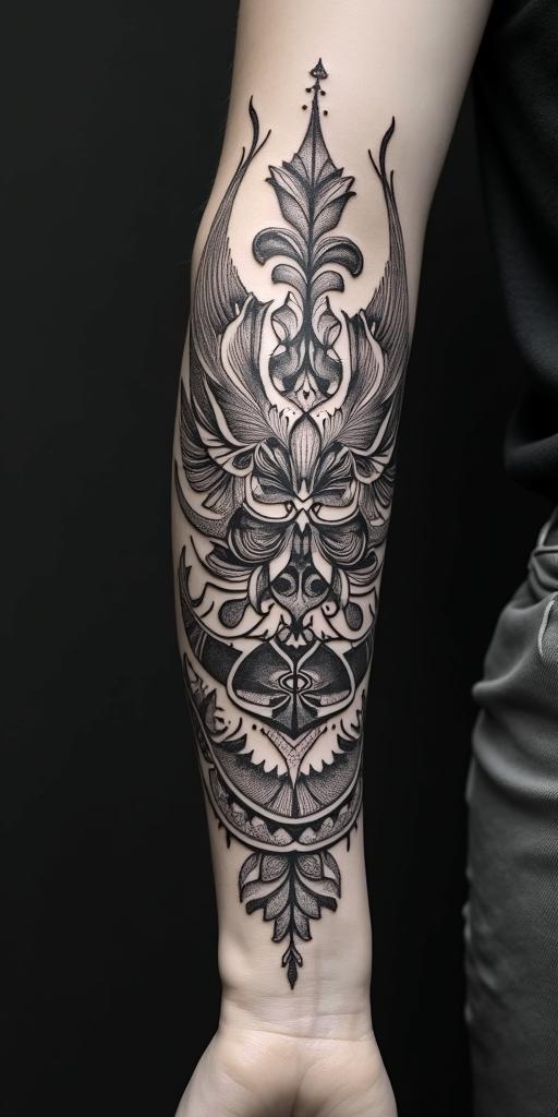 arm cover up, mix of wolf and phoenixin dotwork style tattoo, complex mandala patterns, interlocking geometric shapes with sharp symmetry, clean lines, sharp angles - Variation 2