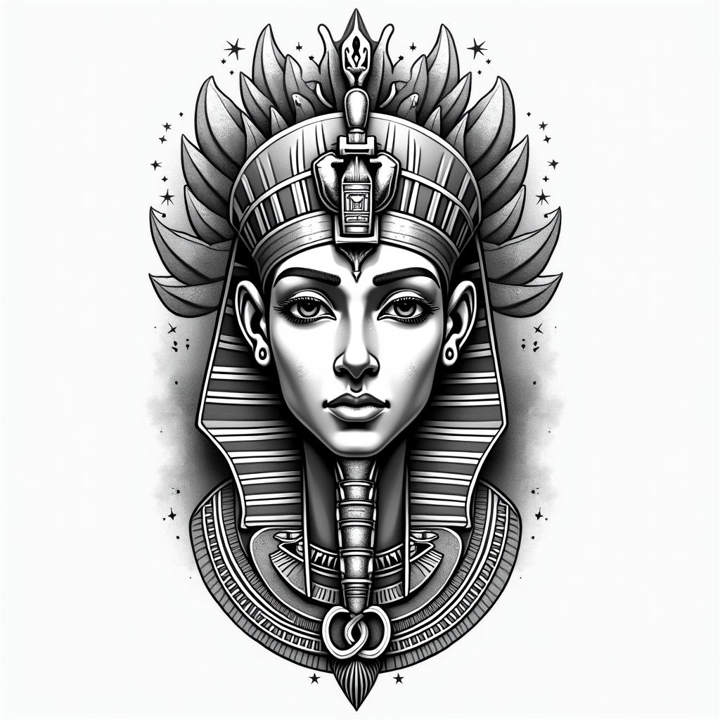 Celtic knotin egyptian style tattoo, bold elements of ancient egyptian culture including a portrait of an Egyptian pharaoh with detailed facial features, in hieroglyphs and symbolic imagery, eye of horus, ankh symbol, scarab beetle