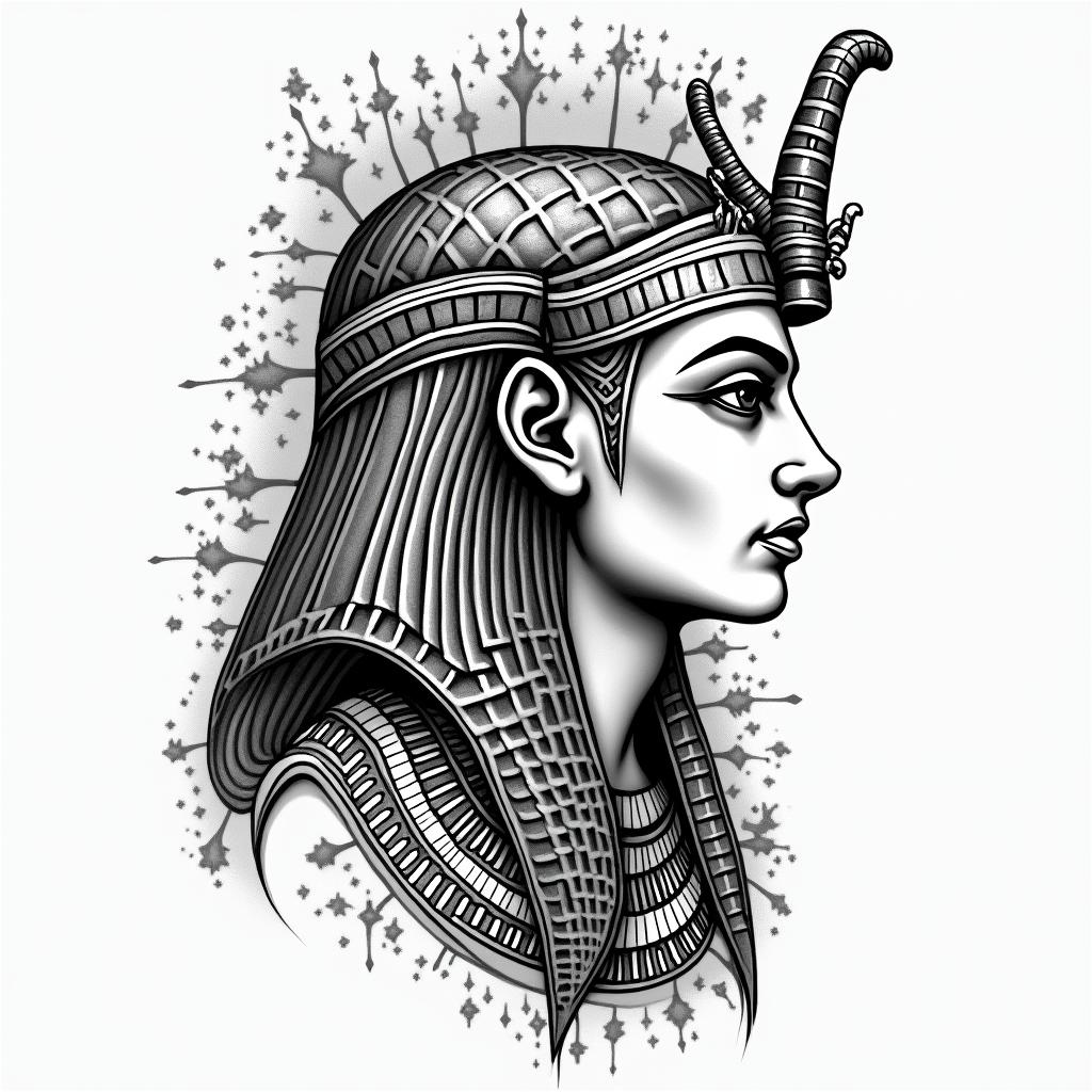 Celtic knotin egyptian style tattoo, bold elements of ancient egyptian culture including a portrait of an Egyptian pharaoh with detailed facial features, in hieroglyphs and symbolic imagery, eye of horus, ankh symbol, scarab beetle - Variation 2