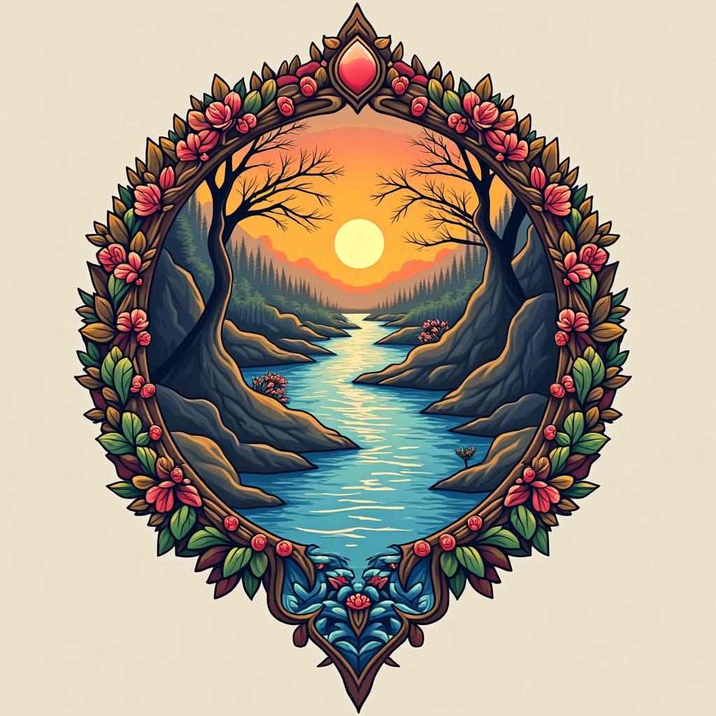 A vibrant Nordic-style tattoo design representing River, symbolizing resilience and strength. Featuring a bright river for healing, a bold warrior symbol for Chandler, a ruby for Abigail, a lively musical note for Sailor, an autism infinity symbol for David, and a vivid representation of brilliance for the youngest son. The design should blend these elements harmoniously, showcasing unity and love in a modern Viking-inspired style with popping colors.undefined