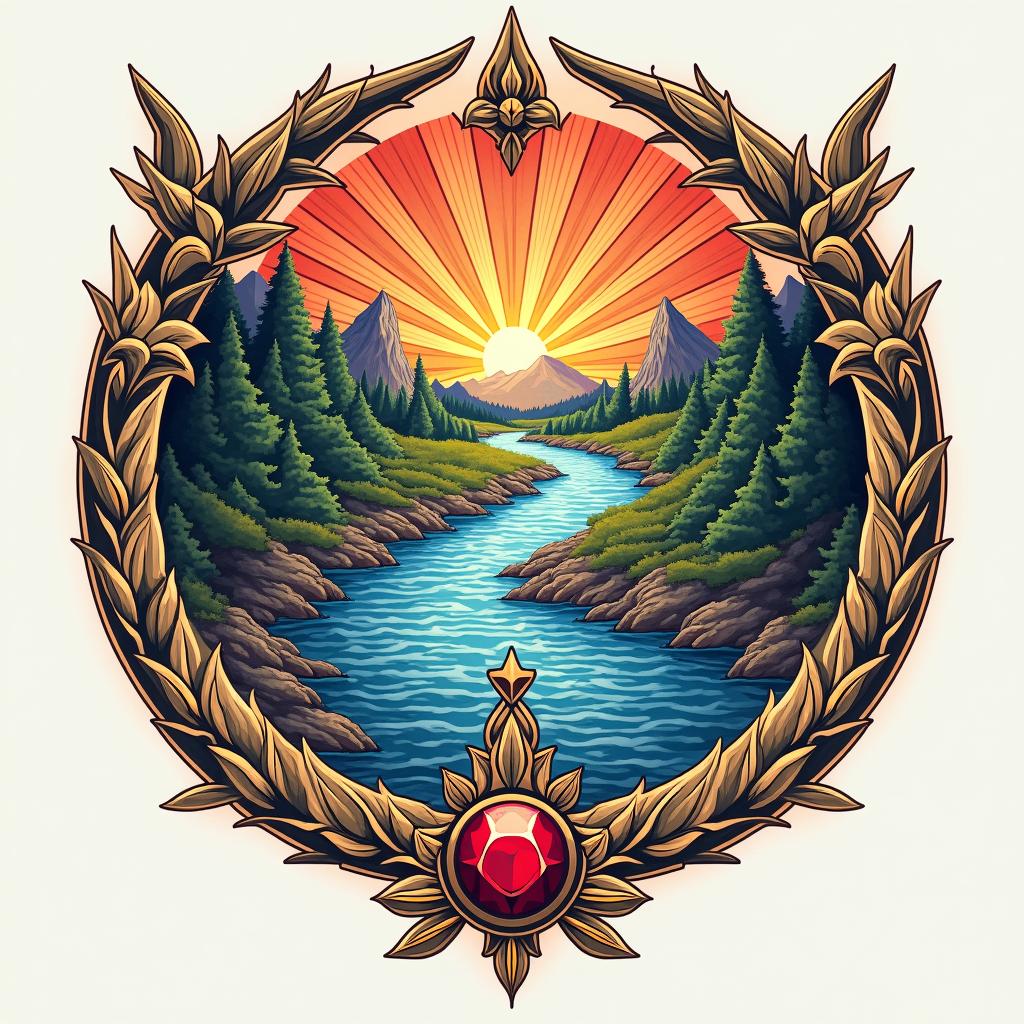 A dynamic and colorful Nordic tattoo design featuring River's name, intertwined with symbols of family strength. Include a flowing river in bold colors, a powerful warrior symbol for Chandler, a vivid ruby for Abigail, a cheerful musical note for Sailor, an autism infinity symbol for David, and a radiant design for the youngest son. The tattoo embodies love, unity, and resilience in a vibrant Viking style.undefined