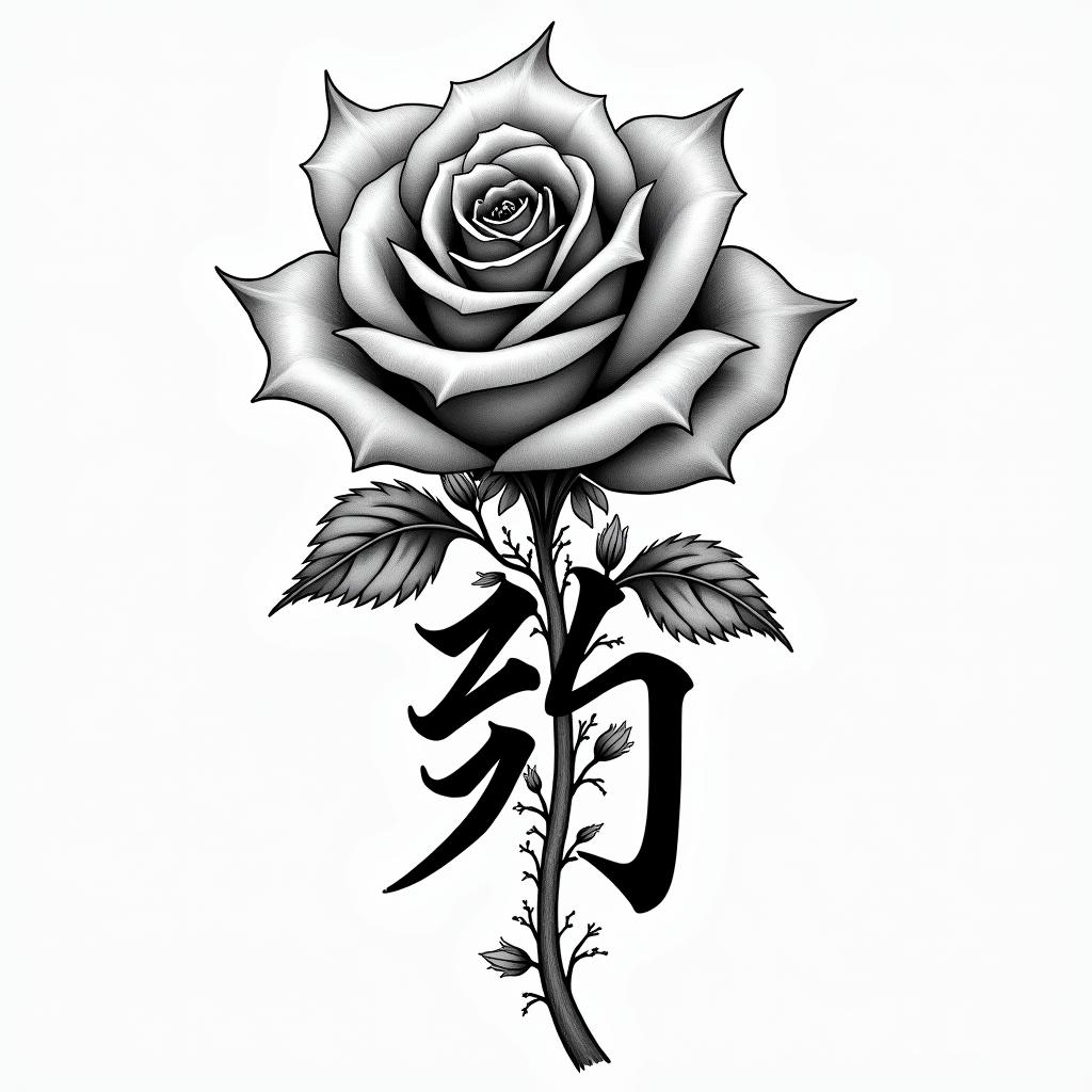 Rosatext-based tattoo, japanese font ultra-realistic, perfectly placed, high-quality font design, photo-realistic shading, 8k, high quality, finely detailed typograph - Variation 4