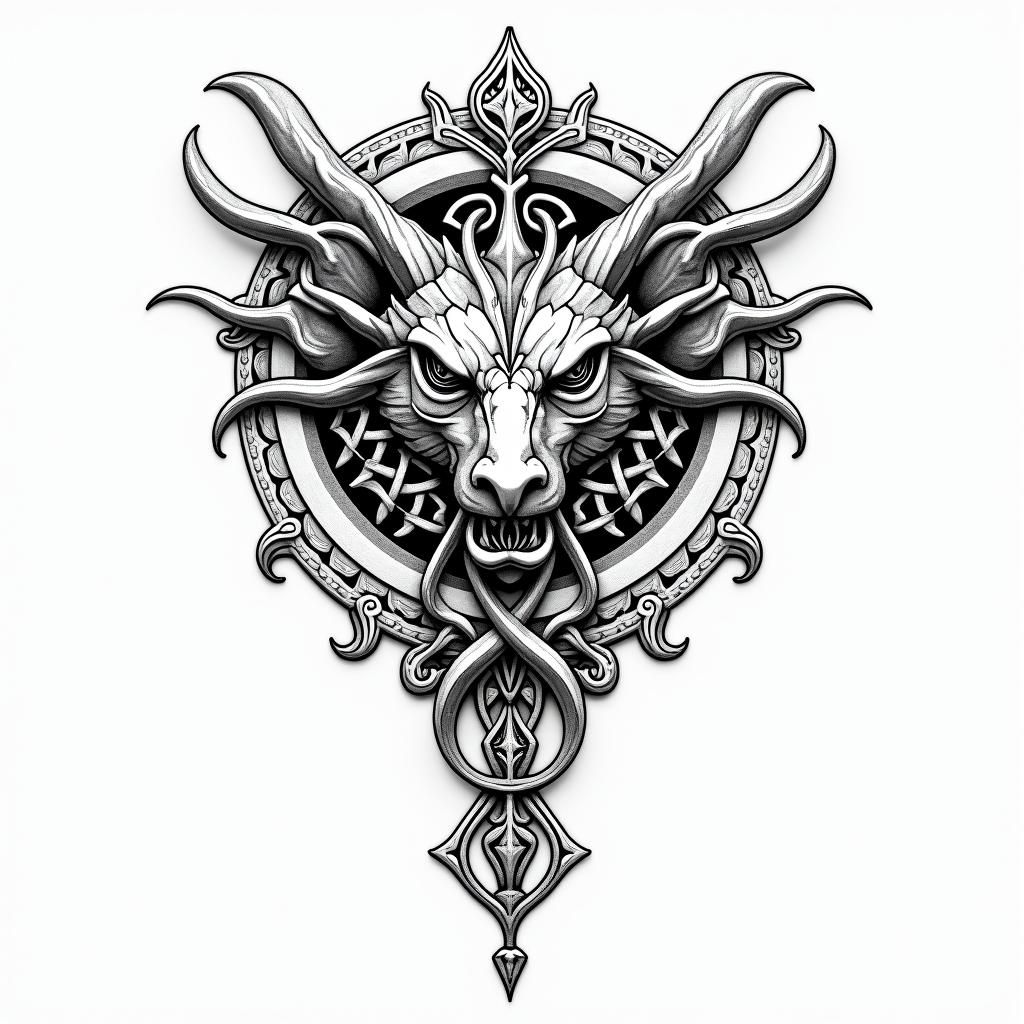 Celtic, renaissance, silver talisman, dragonin ornamental tattoo style, featuring intricate symmetrical patterns and floral designs, showcasing highly detailed line work and geometric shapes, creating a sense of elegance and balance - Variation 2