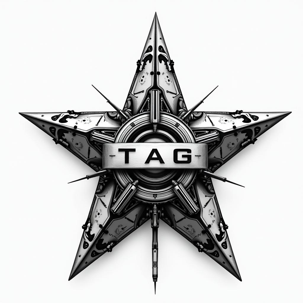 Star with a banner with the initials TAGtattoo in biomechanic style, the tattoo covered by robotic elements of futuristic cyberpunk design, robotic features detail, showcasing intricate mechanical components - Variation 4