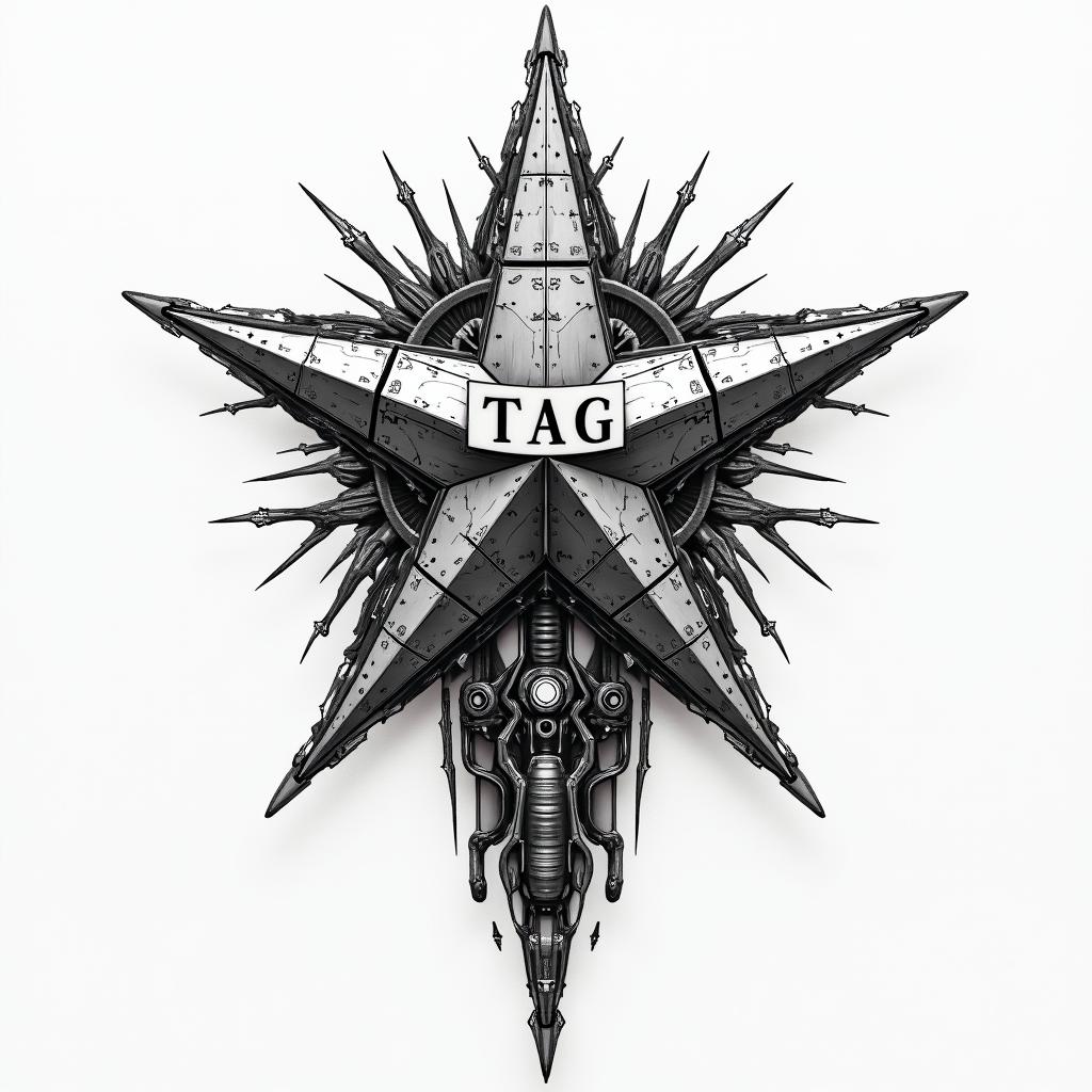 Star with a banner with the initials TAGtattoo in biomechanic style, the tattoo covered by robotic elements of futuristic cyberpunk design, robotic features detail, showcasing intricate mechanical components - Variation 3