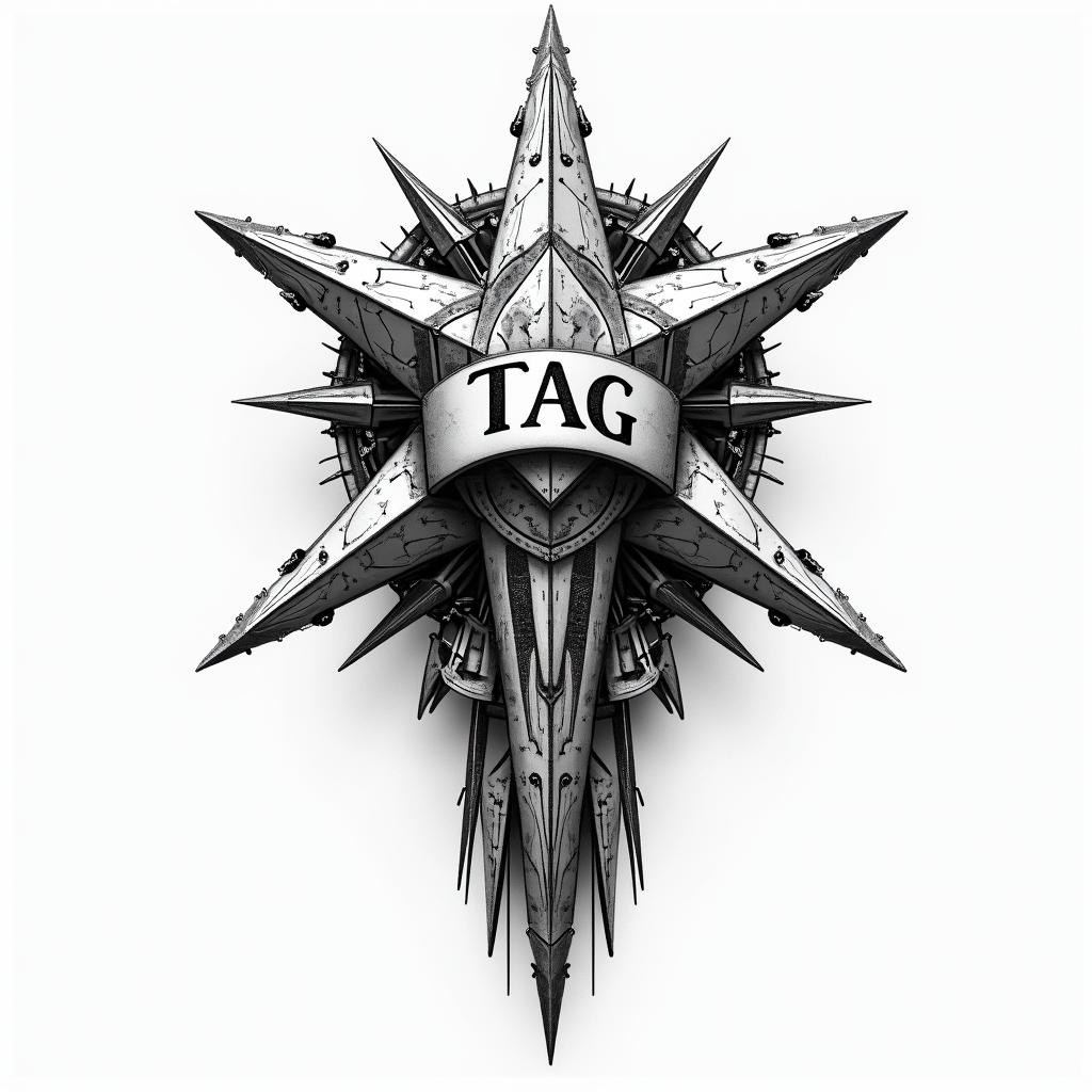 Star with a banner with the initials TAGtattoo in biomechanic style, the tattoo covered by robotic elements of futuristic cyberpunk design, robotic features detail, showcasing intricate mechanical components - Variation 2