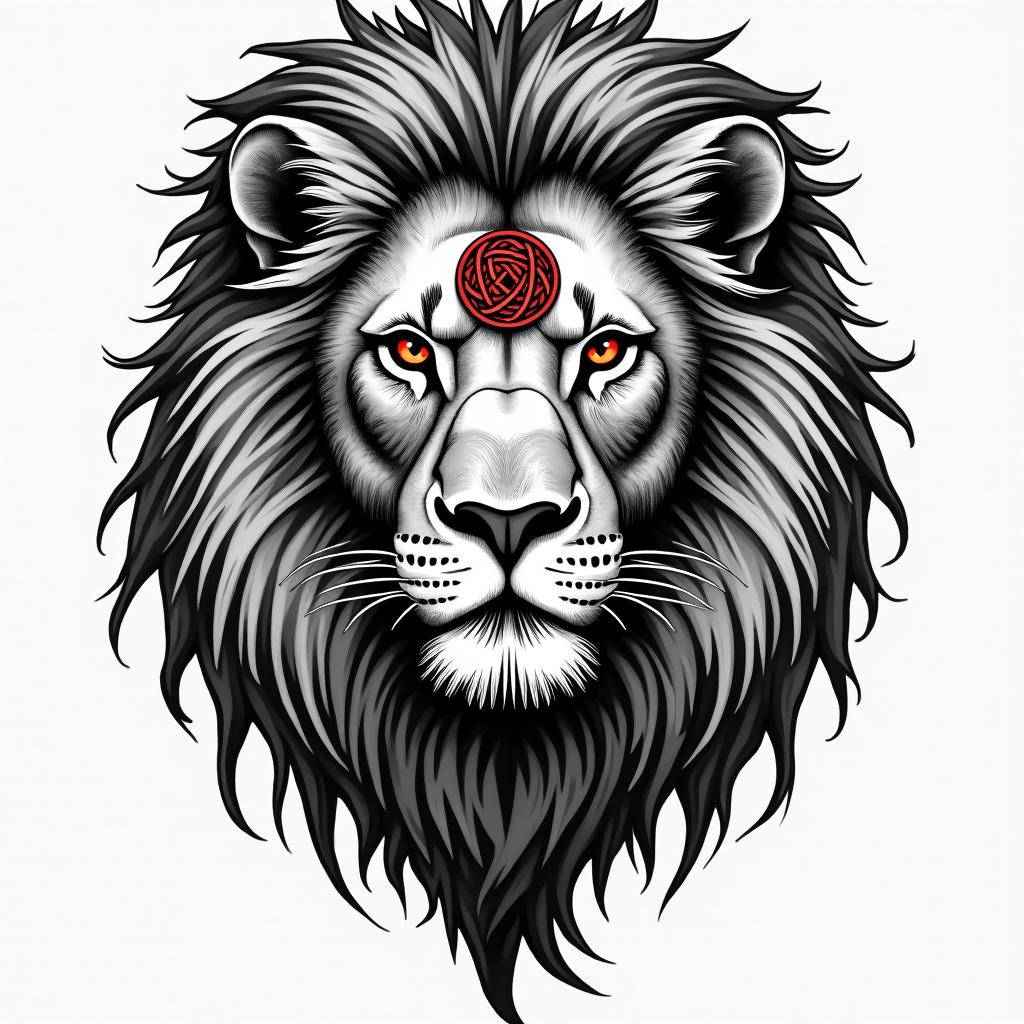 Lion, mystical, with a witch's knot on its forehead, penetrating gaze, in many colors.in new school tattoo, pop culture, modern, detailed tattoo, illustrative - Variation 2