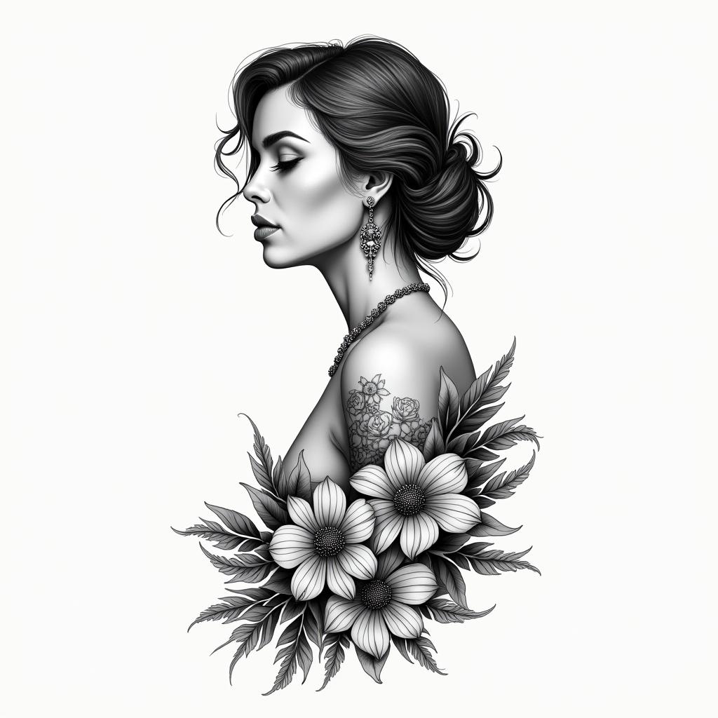 Floral side coxa with bottom wheels. Include the image of Maria Padilha with a fan. Thinner at the ends.higly detailed tattoo