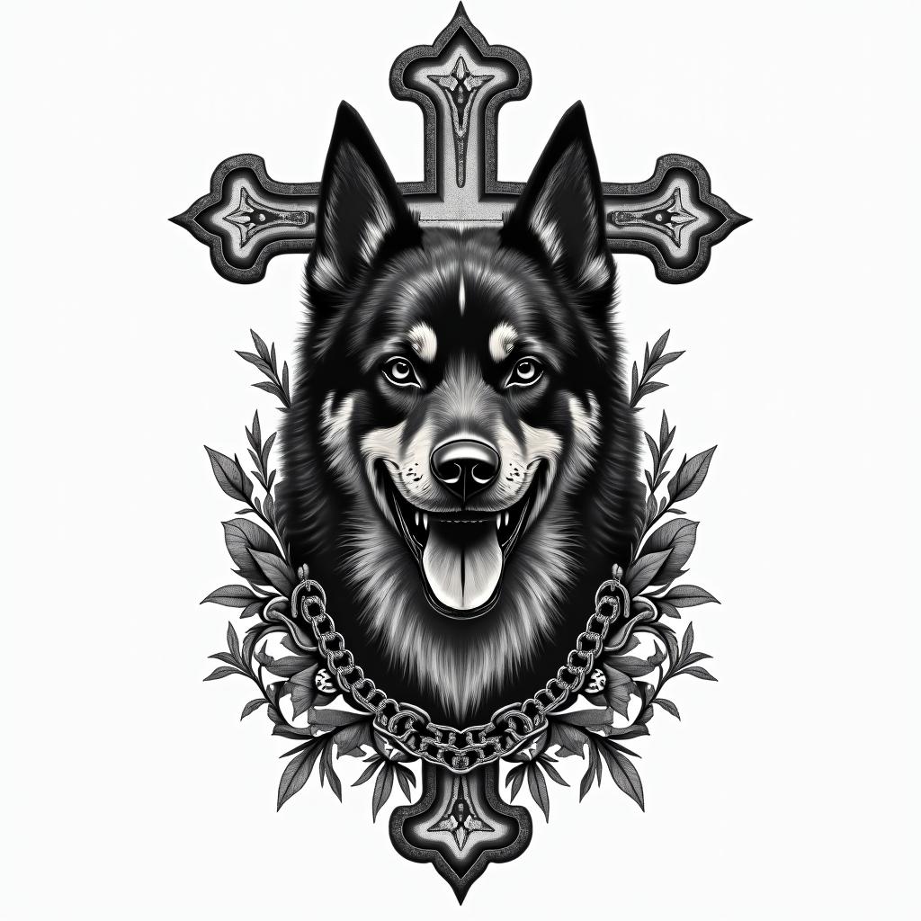 Samuele, half English and half Italian with a Rottweiler.in chicano style tattoo, featuring intricate black and grey shading, bold elements of traditional chicano culture symbols, add a big cross with skull, chains and roses - Variation 4