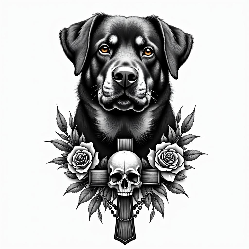 Samuele, half English and half Italian with a Rottweiler.in chicano style tattoo, featuring intricate black and grey shading, bold elements of traditional chicano culture symbols, add a big cross with skull, chains and roses
