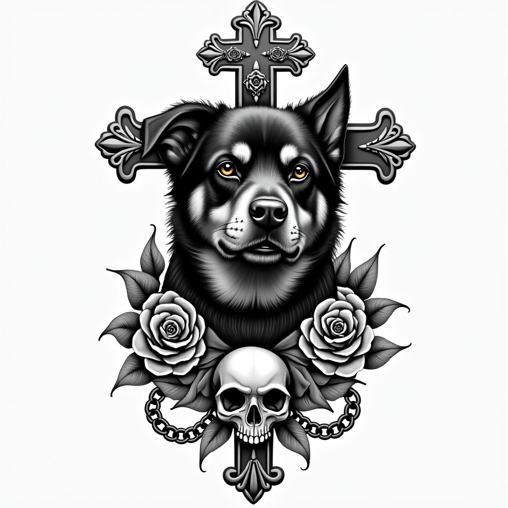 Samuele, half English and half Italian with a Rottweiler.in chicano style tattoo, featuring intricate black and grey shading, bold elements of traditional chicano culture symbols, add a big cross with skull, chains and roses - Variation 2