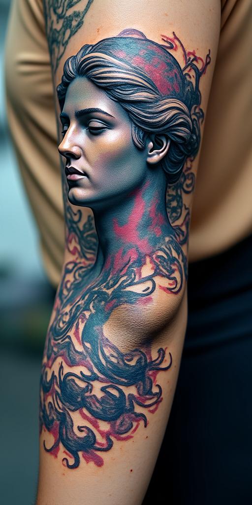scary ocean creatures
in distorted and fragmented tattoo design, featuring a classical statue bust, in a glitch art style with vibrant, overlapping colors of cyan, magenta, and yellow, creating a digital distortion effect