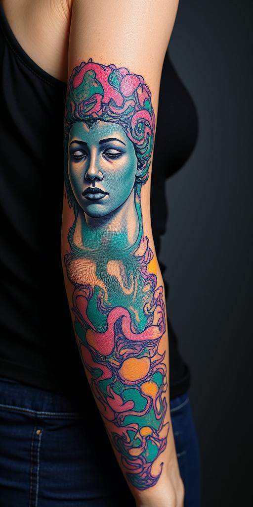 scary ocean creatures
in distorted and fragmented tattoo design, featuring a classical statue bust, in a glitch art style with vibrant, overlapping colors of cyan, magenta, and yellow, creating a digital distortion effect - Variation 3