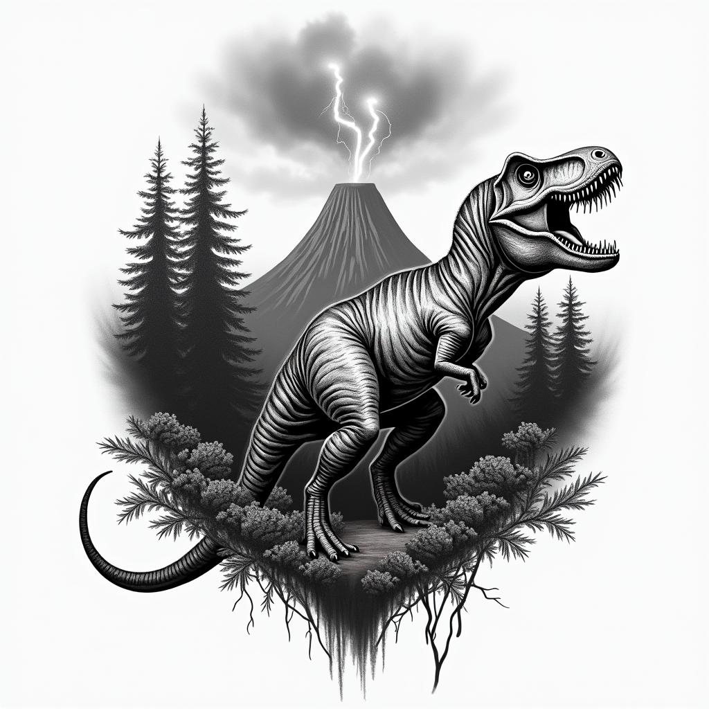 Forest with T rex and volcano in the background with lightninghigly detailed tattoo