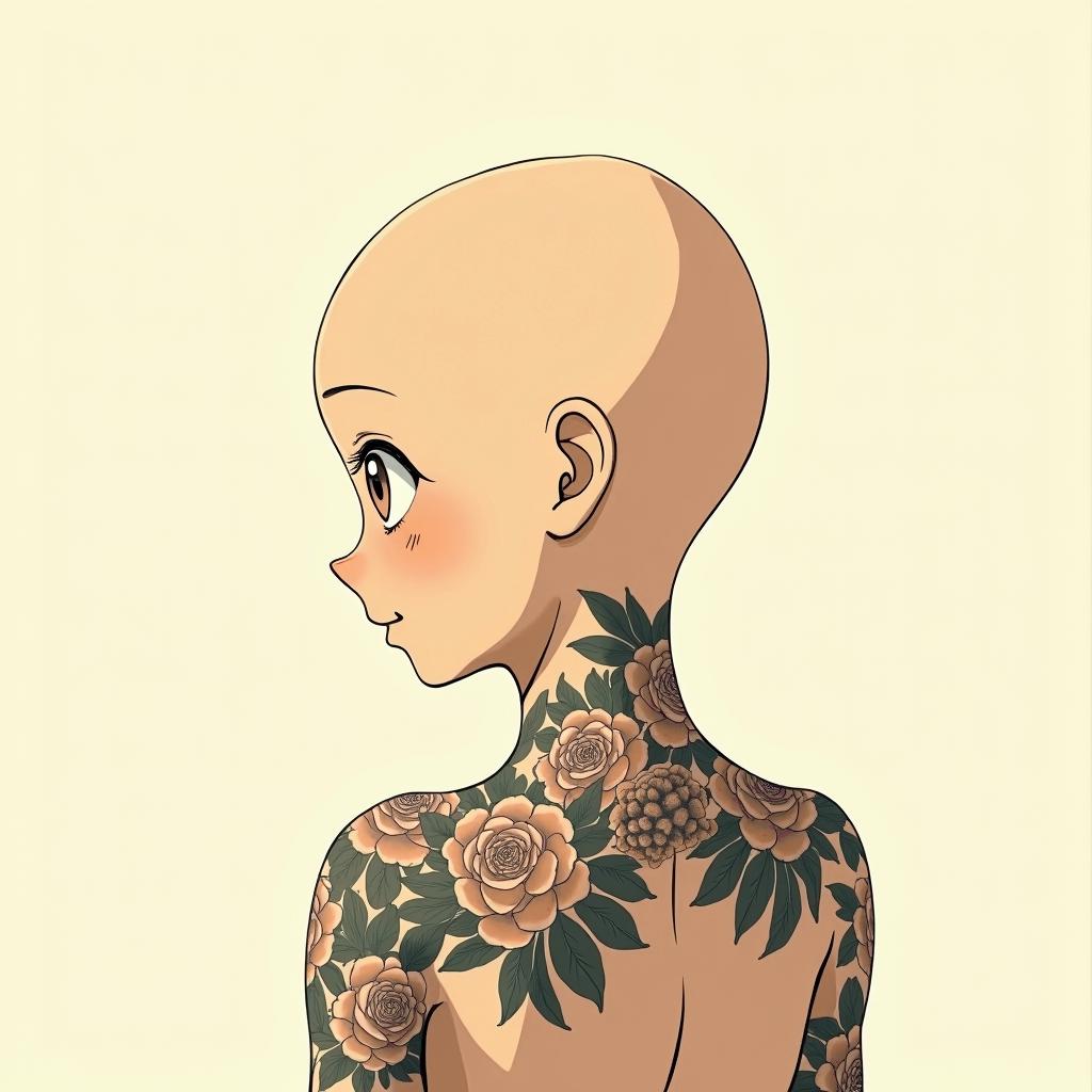 RosaGhibli, Studio Ghibli aesthetic, hand-drawn anime style, retro nostalgic atmosphere, retro soft pastel color palette with earthy tones, retro Japanese cinematic shot, yellow tint effect, bald character, smooth surface, anime shadow 90's anime style