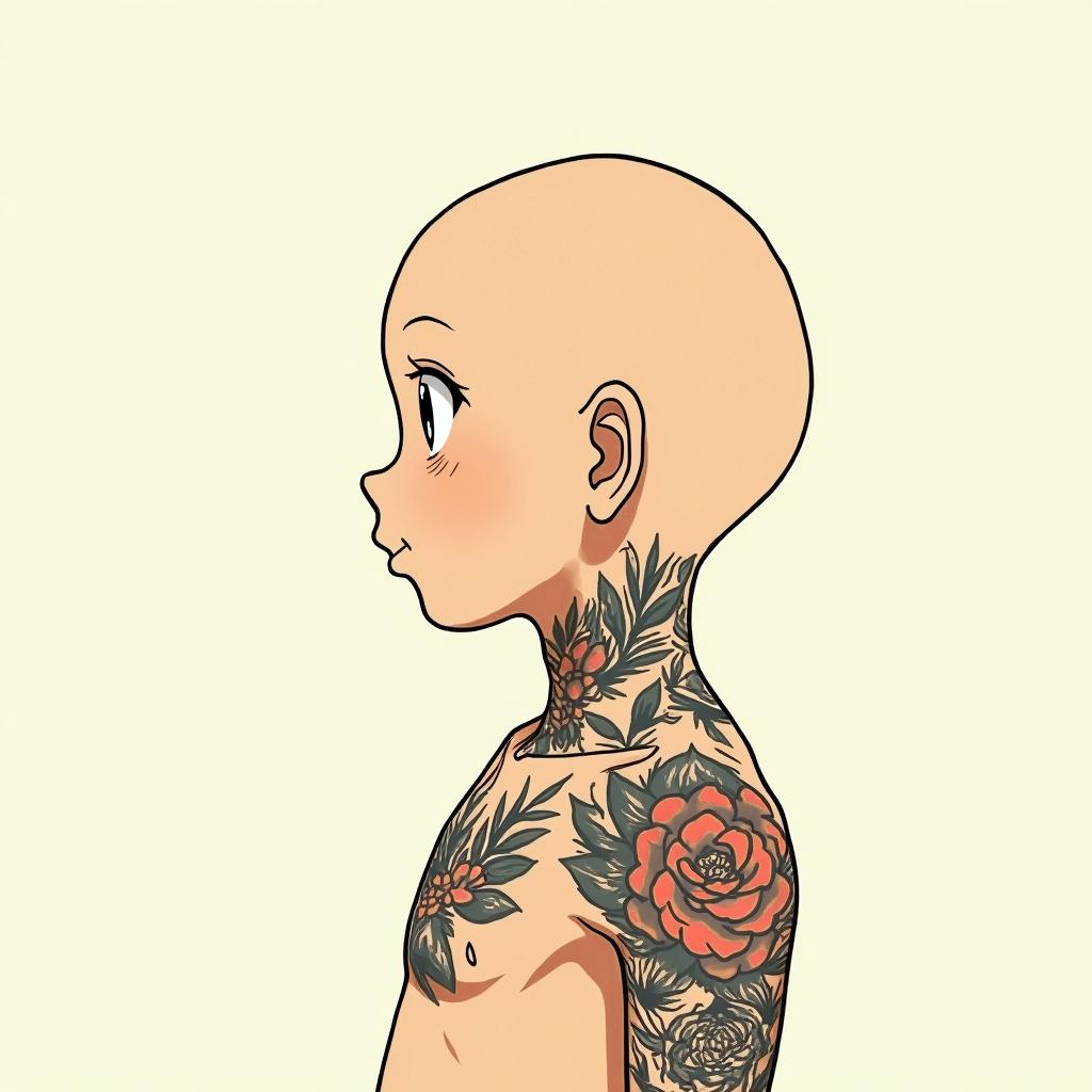 RosaGhibli, Studio Ghibli aesthetic, hand-drawn anime style, retro nostalgic atmosphere, retro soft pastel color palette with earthy tones, retro Japanese cinematic shot, yellow tint effect, bald character, smooth surface, anime shadow 90's anime style - Variation 2