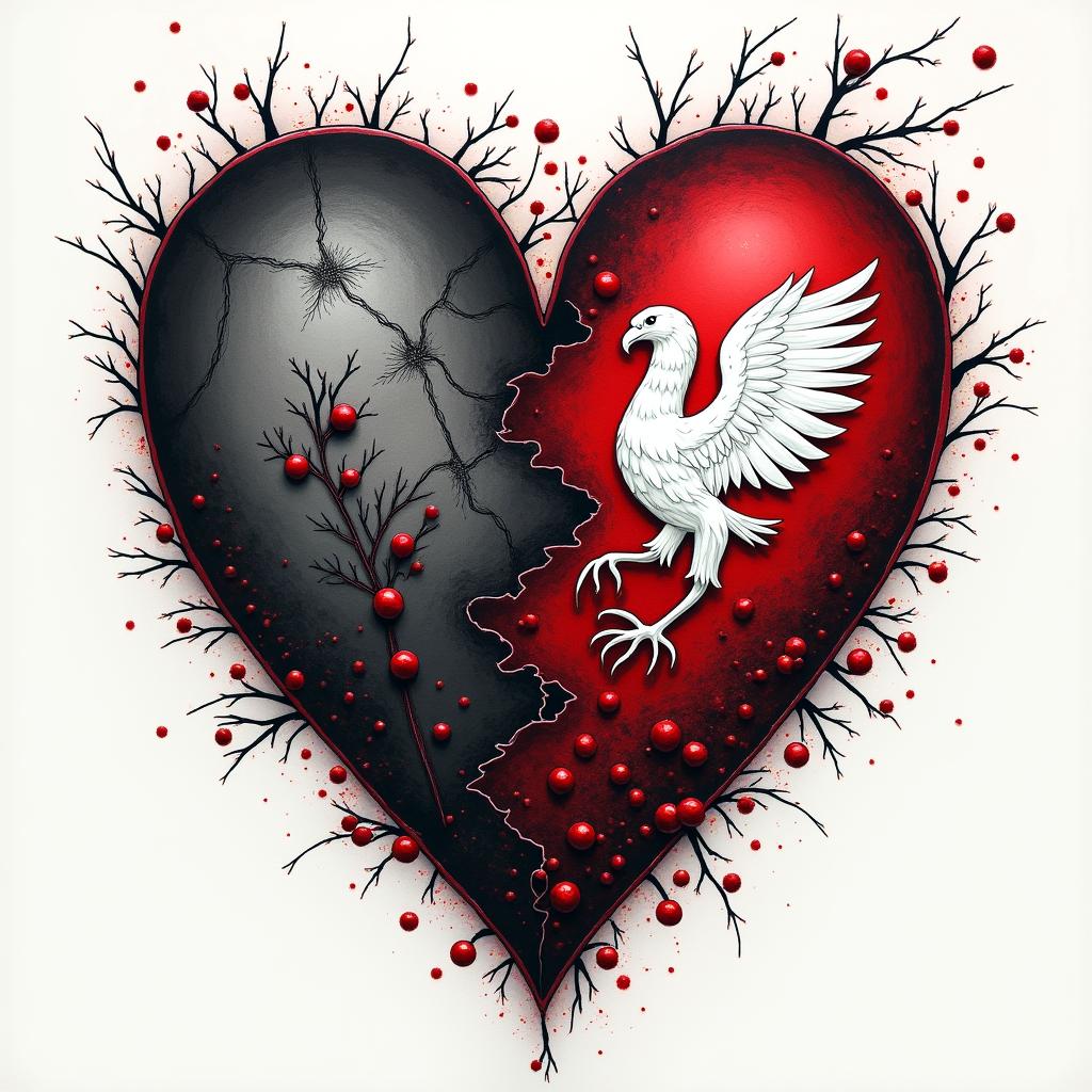 Here is a detailed description of a tattoo composition in the Trash Polka style that combines the symbolism of Ukraine and Poland in the concept of "Two Hearts / Two Lands":
---
### Composition Concept
- **Central Element:**
Two interwoven or divided stylized hearts symbolize the dichotomy between desires, home, past and future (Ukraine) and reality, present, shelter (Poland). The shape of the hearts can be dynamic, depicted with clearly contrasting strokes characteristic of Trash Polka.
- **Ukrainian Half:**
- *Symbols and Details:*
Here, one can use a black outline of the map of Ukraine, inside of which is realistically drawn a wheat spike (black-gray) or a cluster of viburnum with bright red berries, highlighting emotional richness.
- *Background and Atmosphere:*
The background can consist of "torn" black strokes, symbolizing memories, nostalgia, and yearning, creating a softer, almost dissolved effect.
- *Text Elements:*
One could add the word “ДІМ” (home) or “МРІЯ” (dream) in a stylized font, possibly reminiscent of the architectural forms of a well-known building in your city (for example, a fragment of the Sulowski Castle in Bielsko-Biała).
- **Polish Half:**
- *Symbols and Details:*
This part can focus on using clearer, sharper black lines and geometric shapes that reflect the structure of reality and modernity. A key symbol is a stylized white eagle from the Polish coat of arms, set against an intensely red background (with elements of red strokes and lines).
- *Text Elements:*
In this part of the composition, the word “TERAZ” (now) or the addition of the current date/coordinates will emphasize relevance and immediacy.
- **Transition Between Halves:**
The boundary between the Ukrainian and Polish parts will be unclear, "torn," and dynamic. Flowing black splashes and sharp red lines between them will create an effect of internal conflict and tension, supporting the drama and emotional depth of the composition.
---
### Notes on Trash Polka Style
The combination of realism and abstraction characteristic of Trash Polka will ensure visual tension through the use of a monochromatic palette dominated by black and bright red accents. Contrasting, bold elements and dynamic graphic strokes will enhance the meaningful load of the composition, transforming the tattoo into a true work of art capable of conveying complex emotions and internal contradictions.
---
This concept will create a deep, symbolic tattoo, where each detail—from realistic elements to abstract strokes—tells a story about the search for balance between the past and the present, dream and reality.tattoo in biomechanic style, the tattoo covered by robotic elements of futuristic cyberpunk design, robotic features detail, showcasing intricate mechanical components