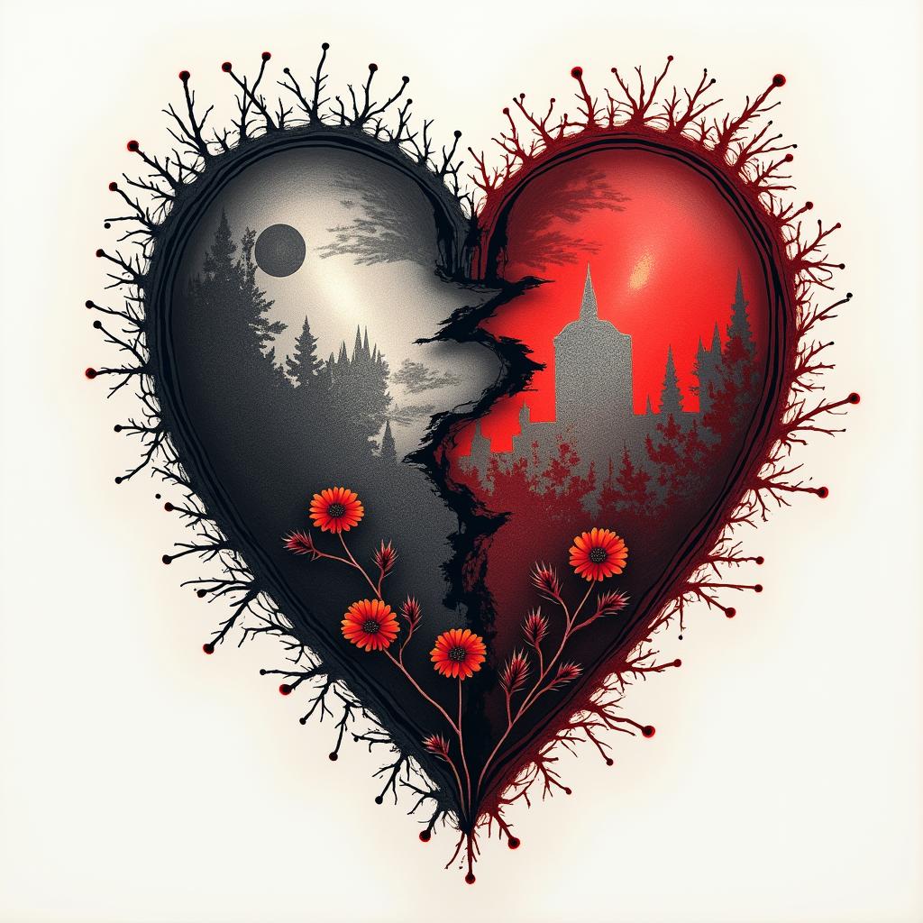 Here is a detailed description of a tattoo composition in the Trash Polka style that combines the symbolism of Ukraine and Poland in the concept of "Two Hearts / Two Lands":
---
### Composition Concept
- **Central Element:**
Two interwoven or divided stylized hearts symbolize the dichotomy between desires, home, past and future (Ukraine) and reality, present, shelter (Poland). The shape of the hearts can be dynamic, depicted with clearly contrasting strokes characteristic of Trash Polka.
- **Ukrainian Half:**
- *Symbols and Details:*
Here, one can use a black outline of the map of Ukraine, inside of which is realistically drawn a wheat spike (black-gray) or a cluster of viburnum with bright red berries, highlighting emotional richness.
- *Background and Atmosphere:*
The background can consist of "torn" black strokes, symbolizing memories, nostalgia, and yearning, creating a softer, almost dissolved effect.
- *Text Elements:*
One could add the word “ДІМ” (home) or “МРІЯ” (dream) in a stylized font, possibly reminiscent of the architectural forms of a well-known building in your city (for example, a fragment of the Sulowski Castle in Bielsko-Biała).
- **Polish Half:**
- *Symbols and Details:*
This part can focus on using clearer, sharper black lines and geometric shapes that reflect the structure of reality and modernity. A key symbol is a stylized white eagle from the Polish coat of arms, set against an intensely red background (with elements of red strokes and lines).
- *Text Elements:*
In this part of the composition, the word “TERAZ” (now) or the addition of the current date/coordinates will emphasize relevance and immediacy.
- **Transition Between Halves:**
The boundary between the Ukrainian and Polish parts will be unclear, "torn," and dynamic. Flowing black splashes and sharp red lines between them will create an effect of internal conflict and tension, supporting the drama and emotional depth of the composition.
---
### Notes on Trash Polka Style
The combination of realism and abstraction characteristic of Trash Polka will ensure visual tension through the use of a monochromatic palette dominated by black and bright red accents. Contrasting, bold elements and dynamic graphic strokes will enhance the meaningful load of the composition, transforming the tattoo into a true work of art capable of conveying complex emotions and internal contradictions.
---
This concept will create a deep, symbolic tattoo, where each detail—from realistic elements to abstract strokes—tells a story about the search for balance between the past and the present, dream and reality.tattoo in biomechanic style, the tattoo covered by robotic elements of futuristic cyberpunk design, robotic features detail, showcasing intricate mechanical components - Variation 2