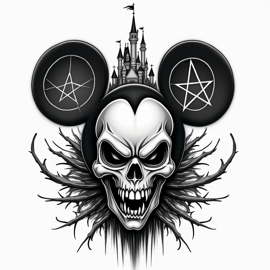 In the foreground, the Disneyland Castle in horror version and a psychopathic Mickey character between the gates.creepy horror tattoo style, featuring an eerie and unsettling skull of a demonic creature, distorted face with sharp fangs, add pentagram symbol