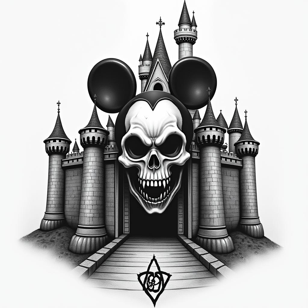 In the foreground, the Disneyland Castle in horror version and a psychopathic Mickey character between the gates.creepy horror tattoo style, featuring an eerie and unsettling skull of a demonic creature, distorted face with sharp fangs, add pentagram symbol - Variation 4