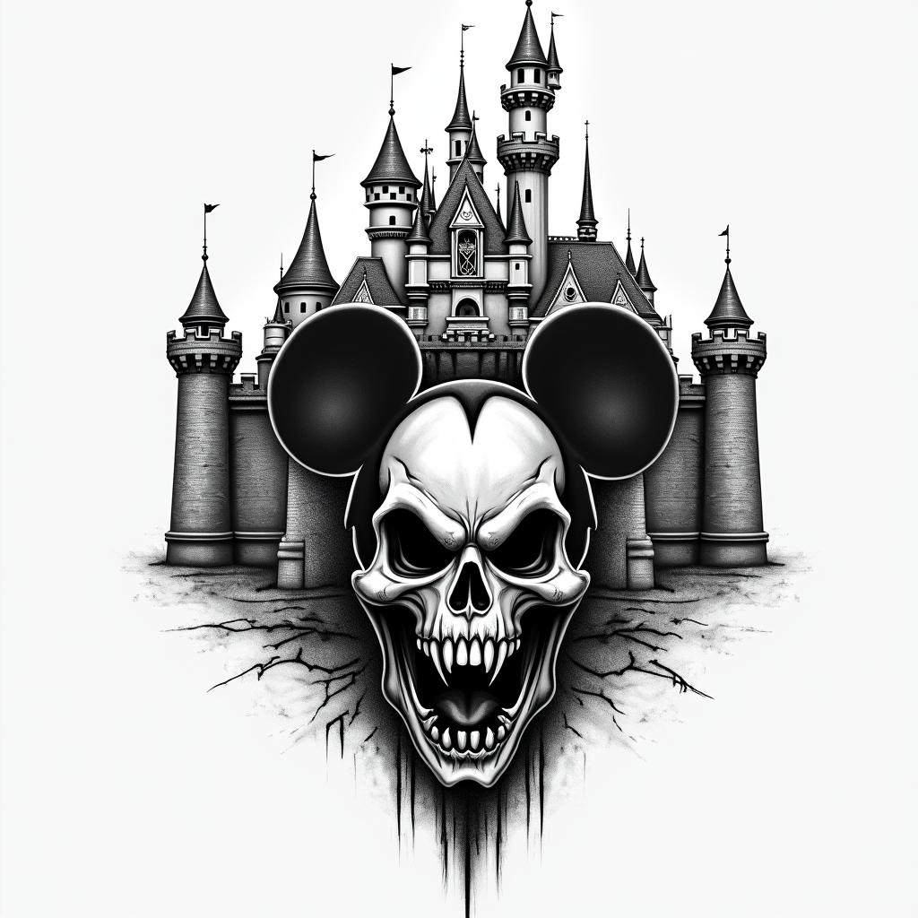 In the foreground, the Disneyland Castle in horror version and a psychopathic Mickey character between the gates.creepy horror tattoo style, featuring an eerie and unsettling skull of a demonic creature, distorted face with sharp fangs, add pentagram symbol - Variation 2