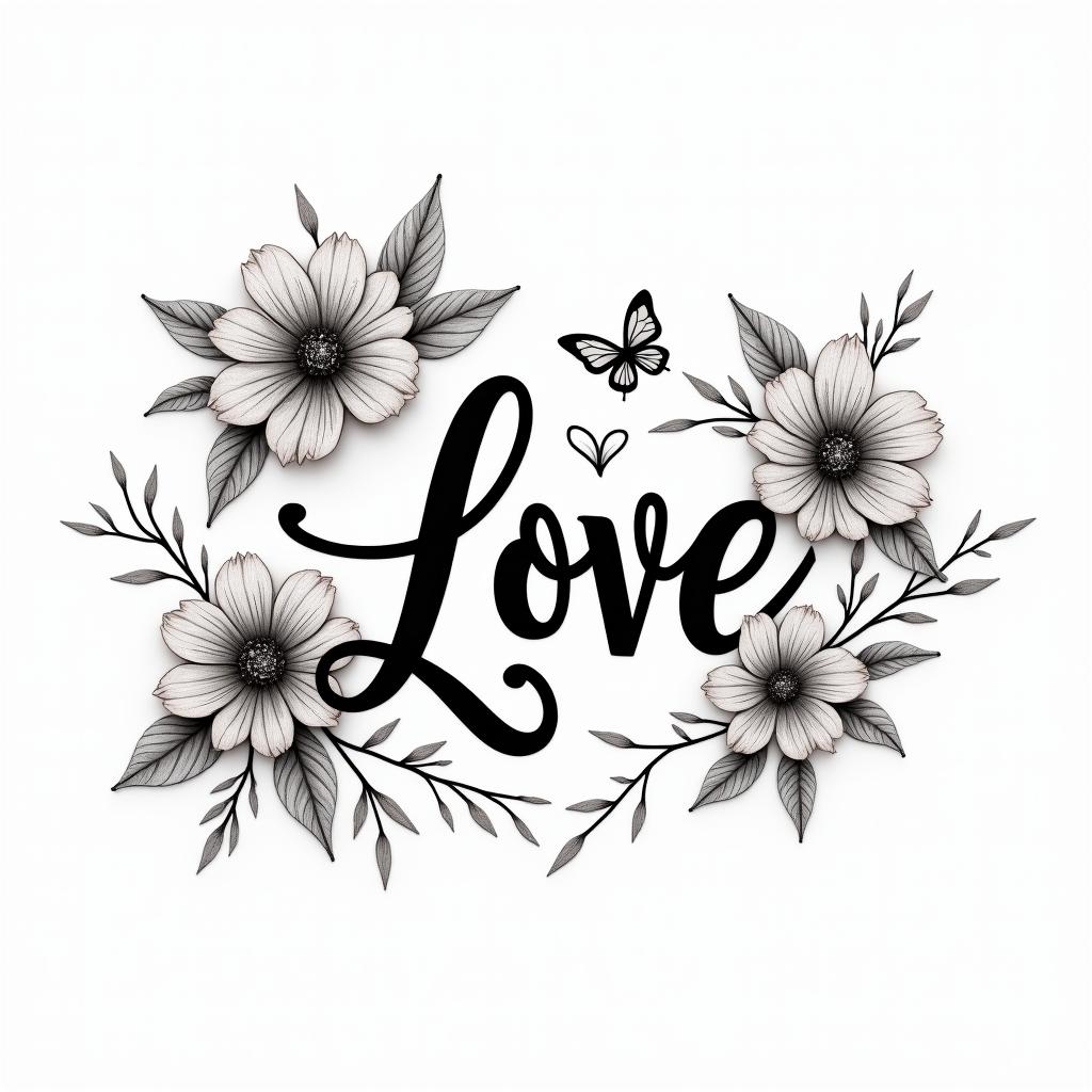 Errol flowers and butterfly’sin elegant cursive calligraphy style 2d tattoo, decorate with roses, featuring a smooth and flowing handwritten script with slightly thickened strokes for a luxurious and bold appearance, heart symbol between names, sleek and glossy black text with shadowing, minimalist matte white background, clean and sharp edges, illuminated with soft lighting, romantic, 8k, high-quality textures with refined typography - Variation 4