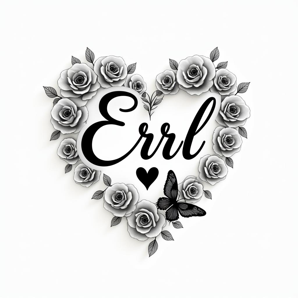 Errol flowers and butterfly’sin elegant cursive calligraphy style 2d tattoo, decorate with roses, featuring a smooth and flowing handwritten script with slightly thickened strokes for a luxurious and bold appearance, heart symbol between names, sleek and glossy black text with shadowing, minimalist matte white background, clean and sharp edges, illuminated with soft lighting, romantic, 8k, high-quality textures with refined typography