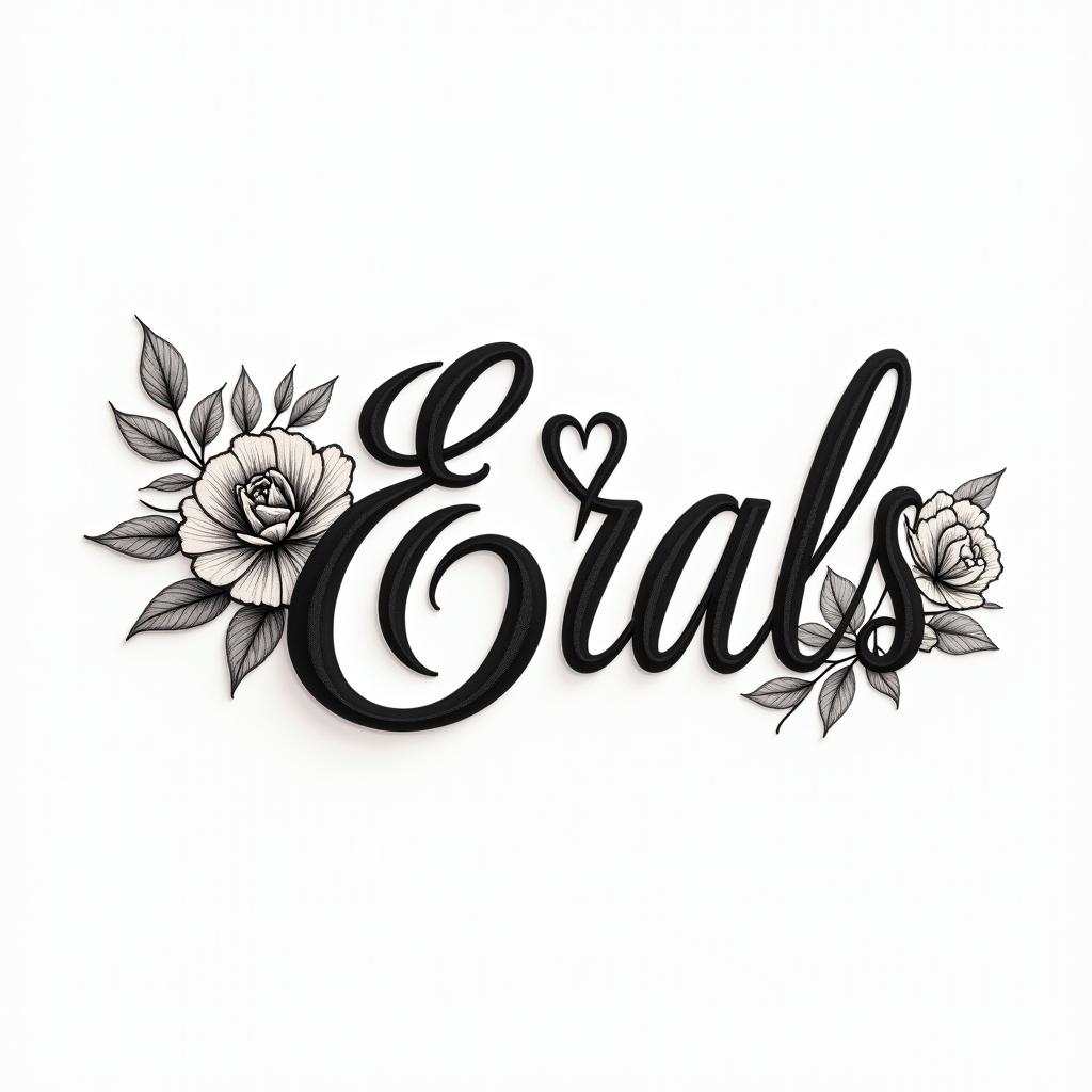 Errol flowers and butterfly’sin elegant cursive calligraphy style 2d tattoo, decorate with roses, featuring a smooth and flowing handwritten script with slightly thickened strokes for a luxurious and bold appearance, heart symbol between names, sleek and glossy black text with shadowing, minimalist matte white background, clean and sharp edges, illuminated with soft lighting, romantic, 8k, high-quality textures with refined typography - Variation 2
