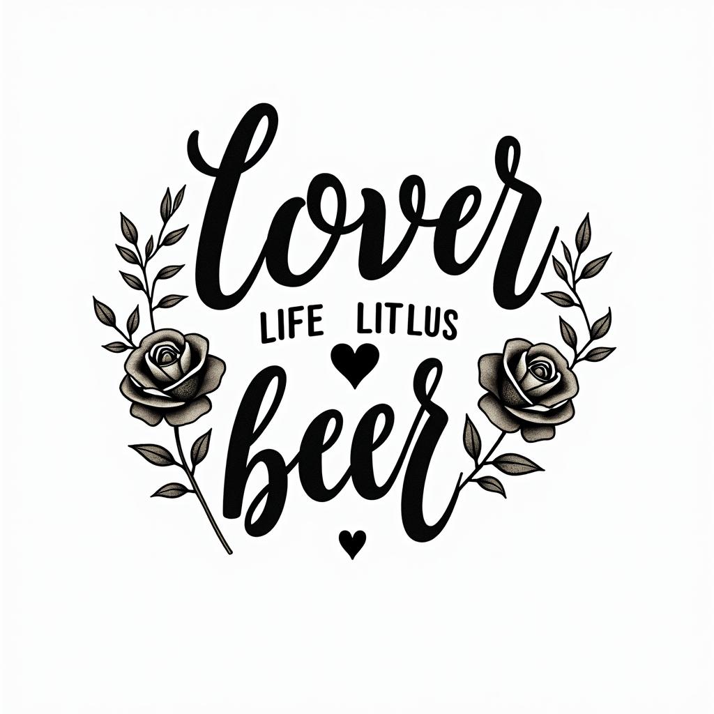 Lesbian, lover of life and beerin elegant cursive calligraphy style 2d tattoo, decorate with roses, featuring a smooth and flowing handwritten script with slightly thickened strokes for a luxurious and bold appearance, heart symbol between names, sleek and glossy black text with shadowing, minimalist matte white background, clean and sharp edges, illuminated with soft lighting, romantic, 8k, high-quality textures with refined typography - Variation 3