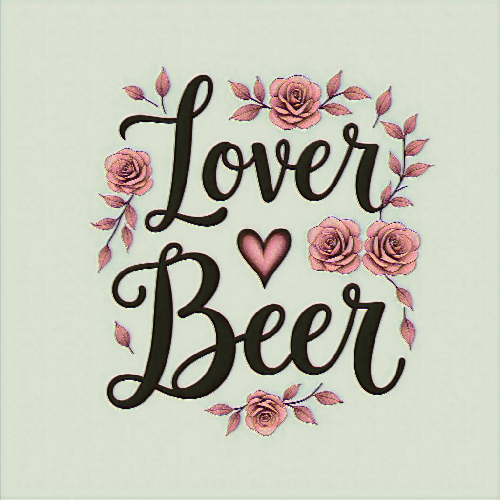 Lesbian, lover of life and beerin elegant cursive calligraphy style 2d tattoo, decorate with roses, featuring a smooth and flowing handwritten script with slightly thickened strokes for a luxurious and bold appearance, heart symbol between names, sleek and glossy black text with shadowing, minimalist matte white background, clean and sharp edges, illuminated with soft lighting, romantic, 8k, high-quality textures with refined typography - Variation 4