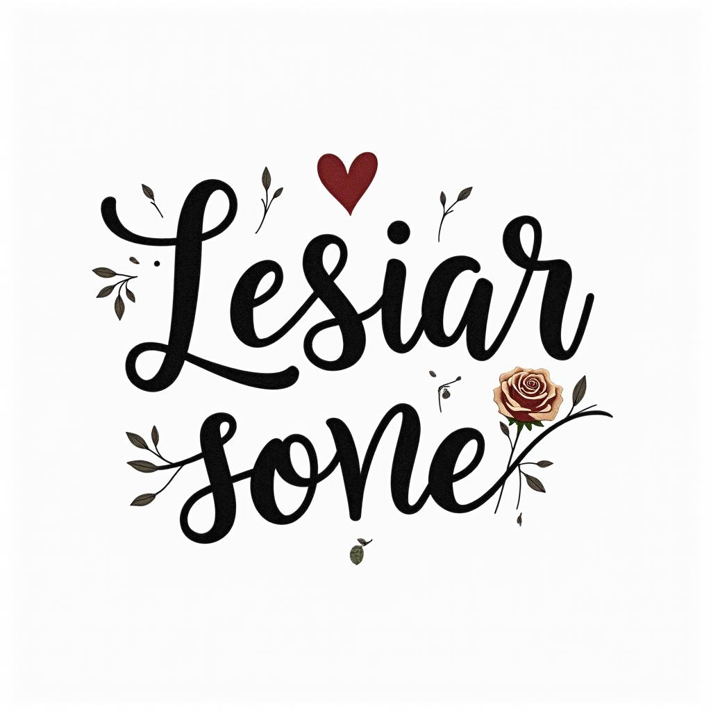 Lesbian, lover of life and beerin elegant cursive calligraphy style 2d tattoo, decorate with roses, featuring a smooth and flowing handwritten script with slightly thickened strokes for a luxurious and bold appearance, heart symbol between names, sleek and glossy black text with shadowing, minimalist matte white background, clean and sharp edges, illuminated with soft lighting, romantic, 8k, high-quality textures with refined typography - Variation 2