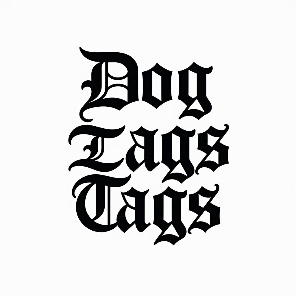 Dog tags Picturetext-based tattoo, gothic font ultra-realistic, perfectly placed, high-quality font design, photo-realistic shading, 8k, high quality, finely detailed typography
