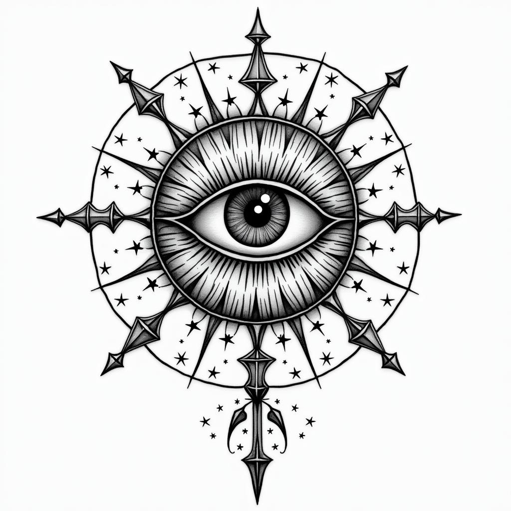 Cancerin prophecy tattoo style, featuring mystical symbols, celestial imagery like stars, moons, suns, geometric patterns, foretelling elements, an eye of wisdom - Variation 2