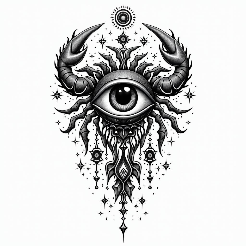 Cancerin prophecy tattoo style, featuring mystical symbols, celestial imagery like stars, moons, suns, geometric patterns, foretelling elements, an eye of wisdom - Variation 4