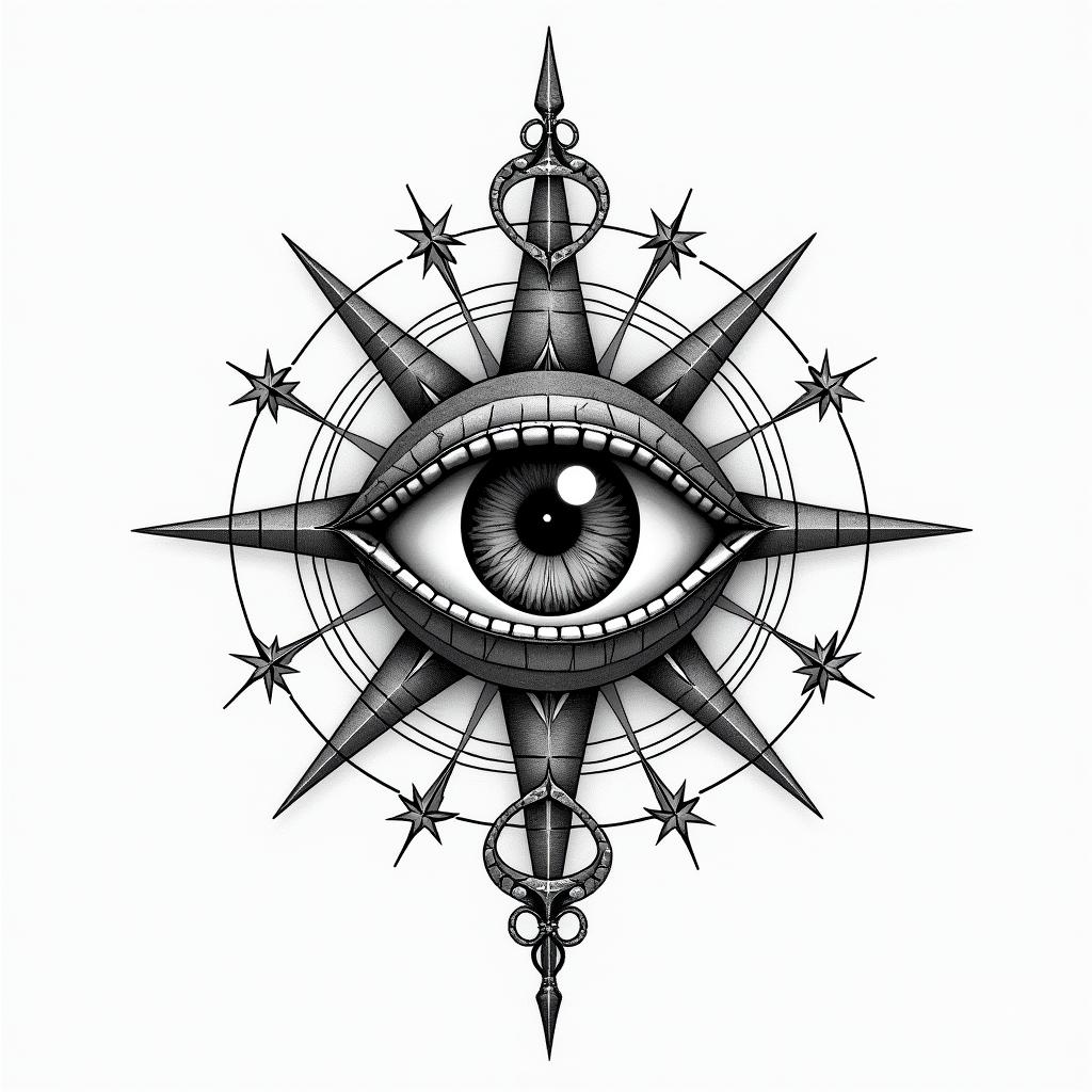 Cancerin prophecy tattoo style, featuring mystical symbols, celestial imagery like stars, moons, suns, geometric patterns, foretelling elements, an eye of wisdom - Variation 3